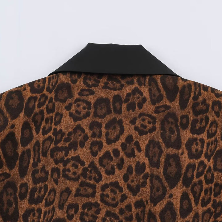 Women Double-Breasted Coat with Leopard Print and Satin Shawl Collar Mune Fashion