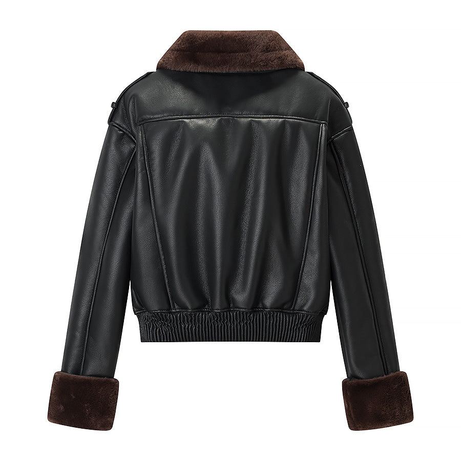 Women's Short Cut Bomber Jacket made of Faux Leather with Teddy Lining, Notched Collar and Rollable Cuffs Mune Fashion
