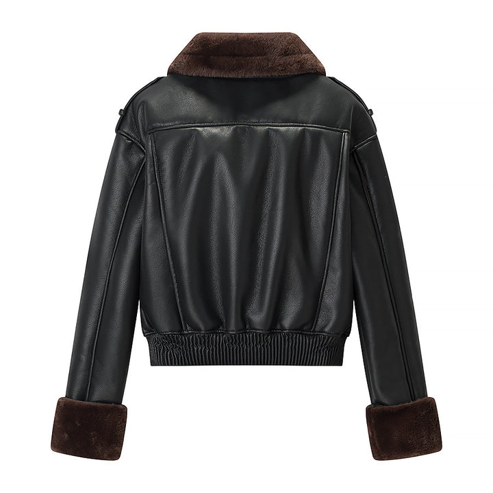 Women's Short Cut Bomber Jacket made of Faux Leather with Teddy Lining, Notched Collar and Rollable Cuffs Mune Fashion