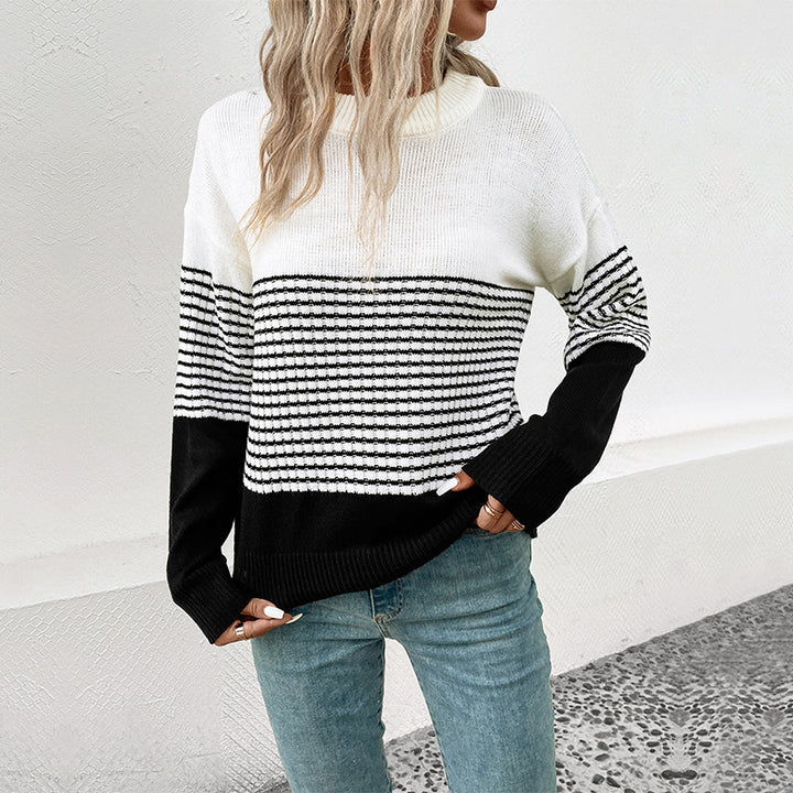 Women's Relaxed-Fit Block Stripe Fine Knit Sweater with Ribbed Cuffs and Dropped Shoulder Mune Fashion