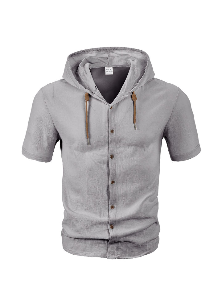Men's short-sleeved hooded shirt with button placket, drawstring and linen look Mune Fashion