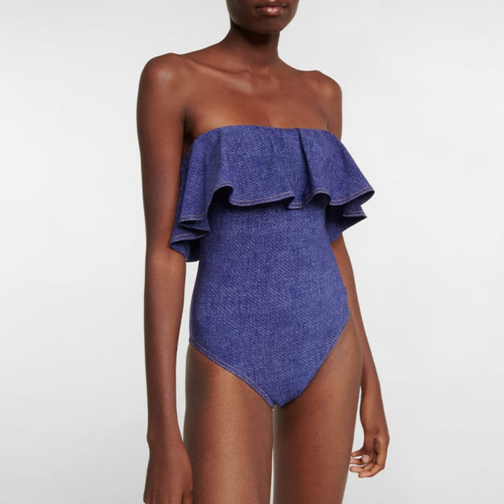 Women's bandeau swimsuit with decorative bows and striped maxi skirt Mune Fashion