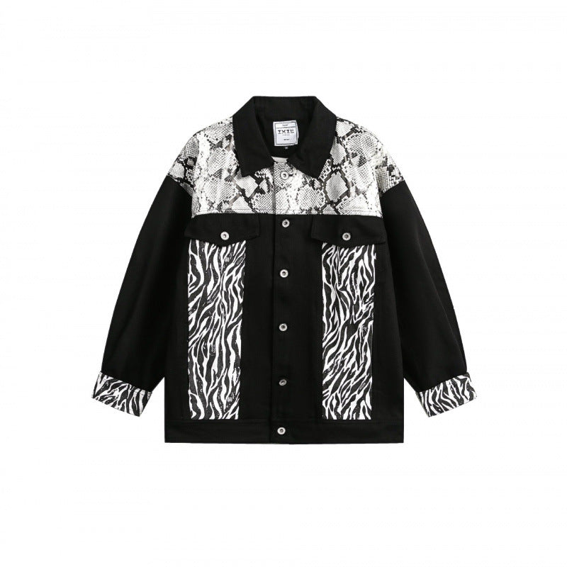 Women's Oversized Denim Jacket in Patchwork Animal Print with Notch Collar and Flap Pockets Mune Fashion