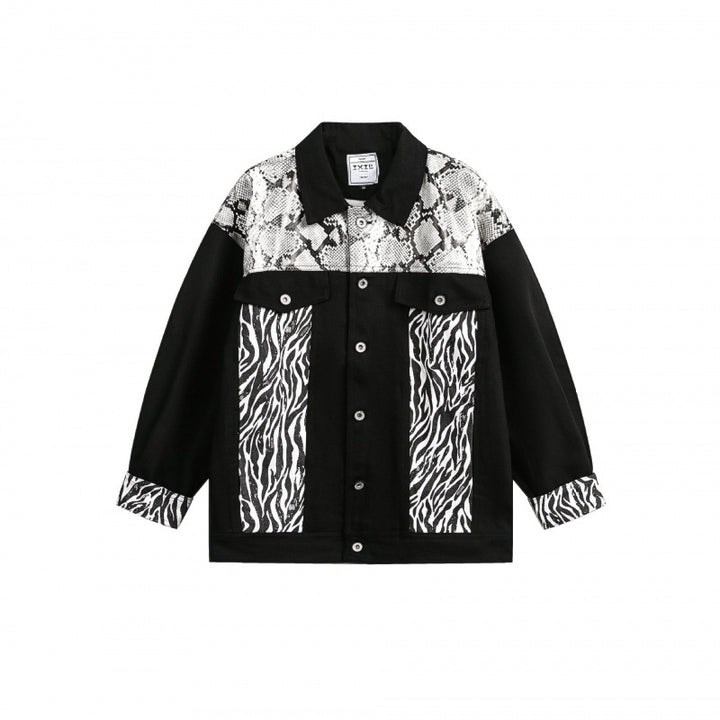 Women's Oversized Denim Jacket in Patchwork Animal Print with Notch Collar and Flap Pockets Mune Fashion