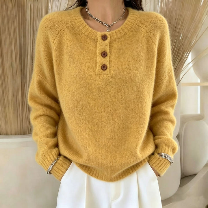 Women's Cozy Round Neck Henley Sweater with Button Placket and Raglan Sleeves Mune Fashion