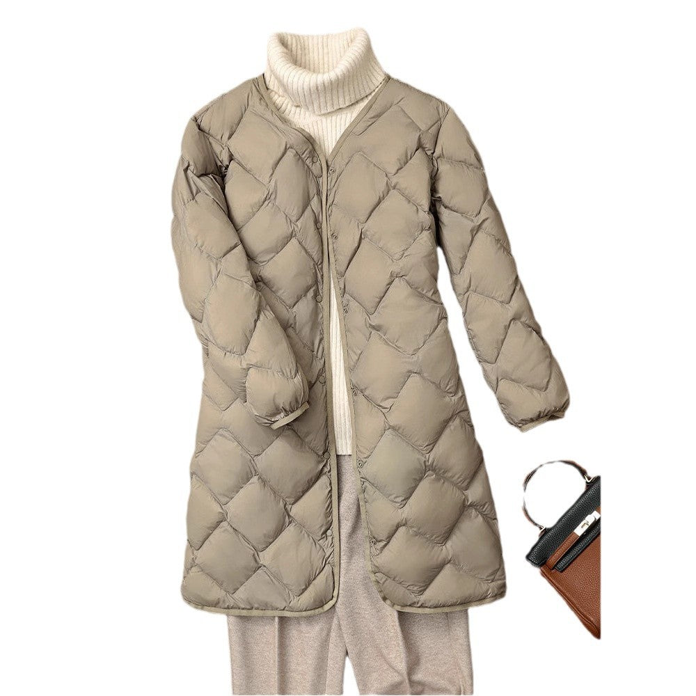 Women's Elegant Long Coat in Quilted Down Look with Diamond Quilting and Concealed Snap Button Placket Mune Fashion