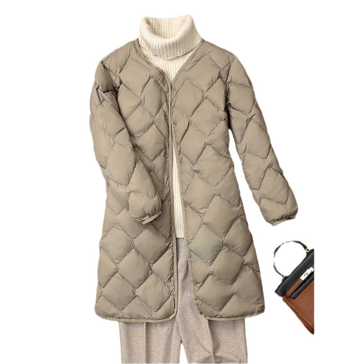Women's Elegant Long Coat in Quilted Down Look with Diamond Quilting and Concealed Snap Button Placket Mune Fashion