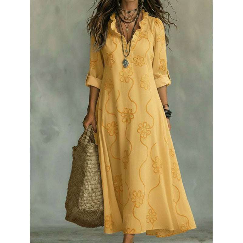 Women Long Boho Maxi Dress with Floral Embroidery and V-Neck Mune Fashion