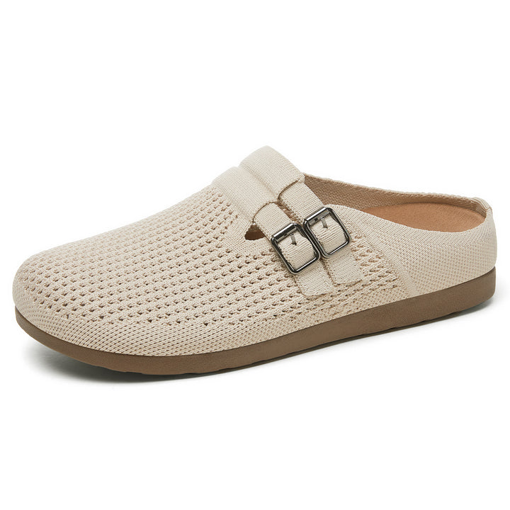 Women's knitted clog mule with double metal buckle, breathable 3D knitted upper and ergonomic memory footbed Mune Fashion