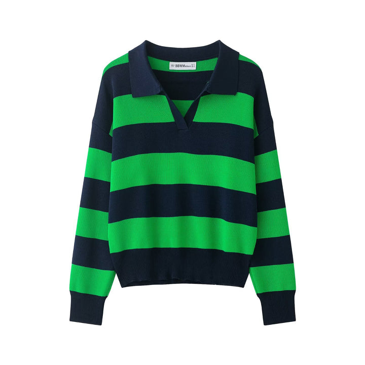 Women Striped Oversize Rugby Sweater with Polo Collar and V-Neck Mune Fashion