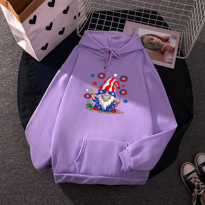 Women's hoodie with patriotic garden gnome print, brushed fleece lining, oversized cut, and kangaroo pocket Mune Fashion