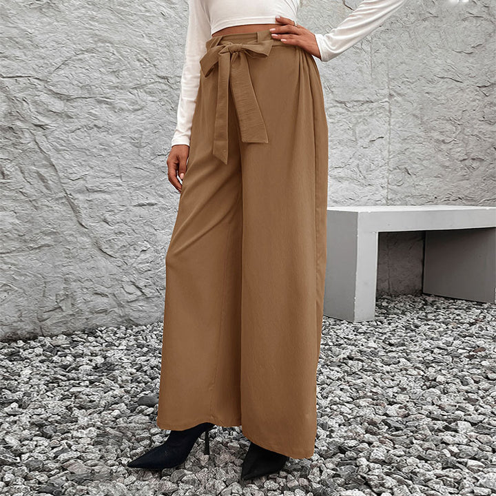 Women Wide High-Waist Pants with Paperbag Waist and Tie Belt Mune Fashion