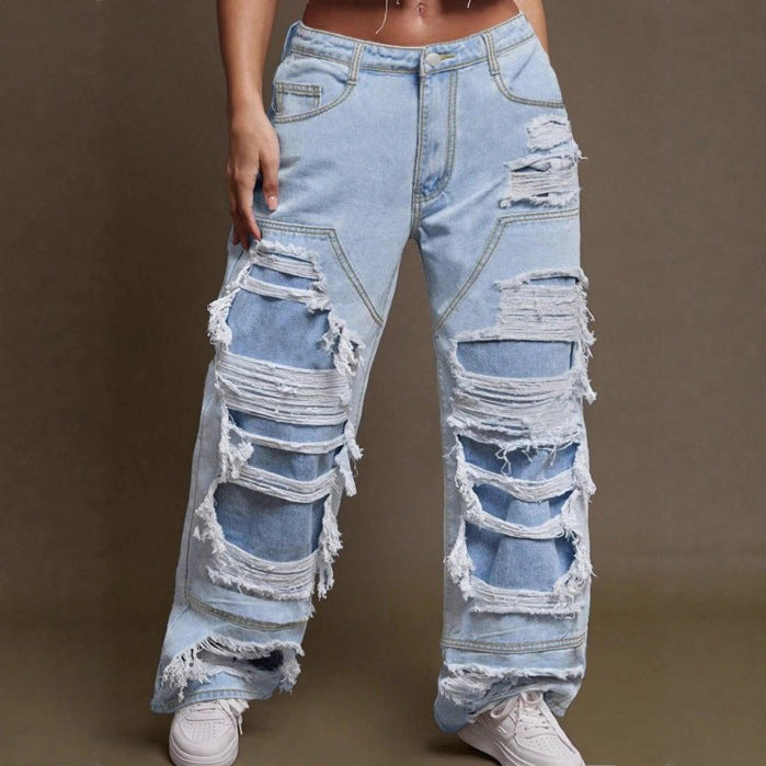 Women Baggy Denim Pants with Extra Large Destroyed Cutouts and Wide Leg Mune Fashion