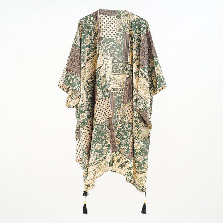 Women Kaftan Overlay with Patchwork Floral Print and Tassels Mune Fashion