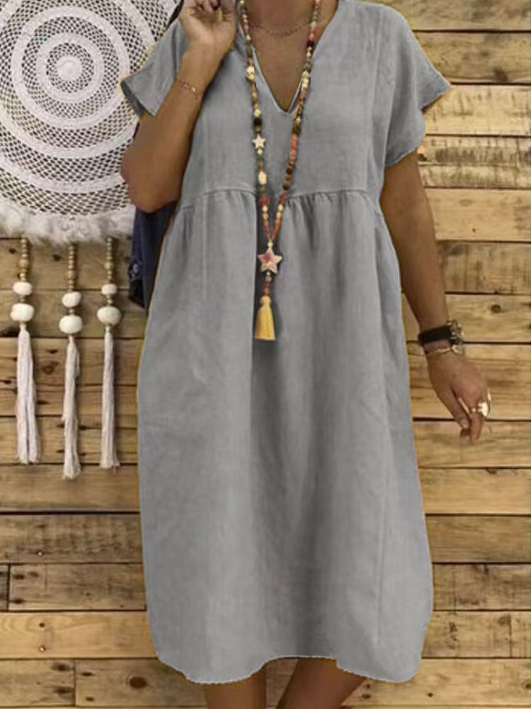Women's Linen Maxi Dress with V-Neck and Ruffle Details Mune Fashion