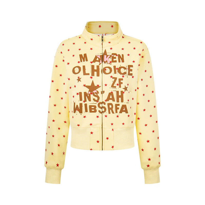 Women's Short Zipper Sweat Jacket with Stand-Up Collar, Allover Star Print and Statement Front Print Mune Fashion