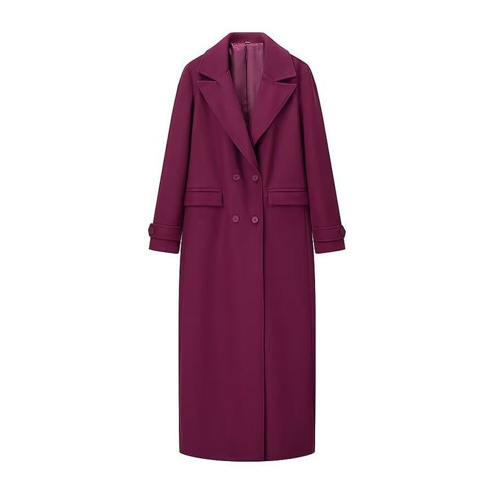 Women's Maxilength Double-Breasted Coat with Oversized Lapels and Sleeve Straps Mune Fashion