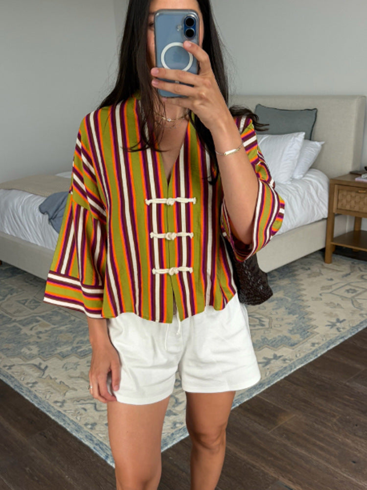 Women's Striped Lightweight Short Blouse with V-Neck, Three-Quarter Sleeves & Decorative Knot Closures Mune Fashion