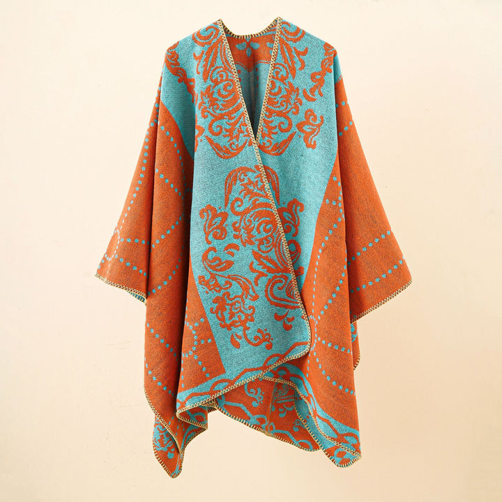 Women's Jacquard Ruana in cape style with contrasting chain hem Mune Fashion