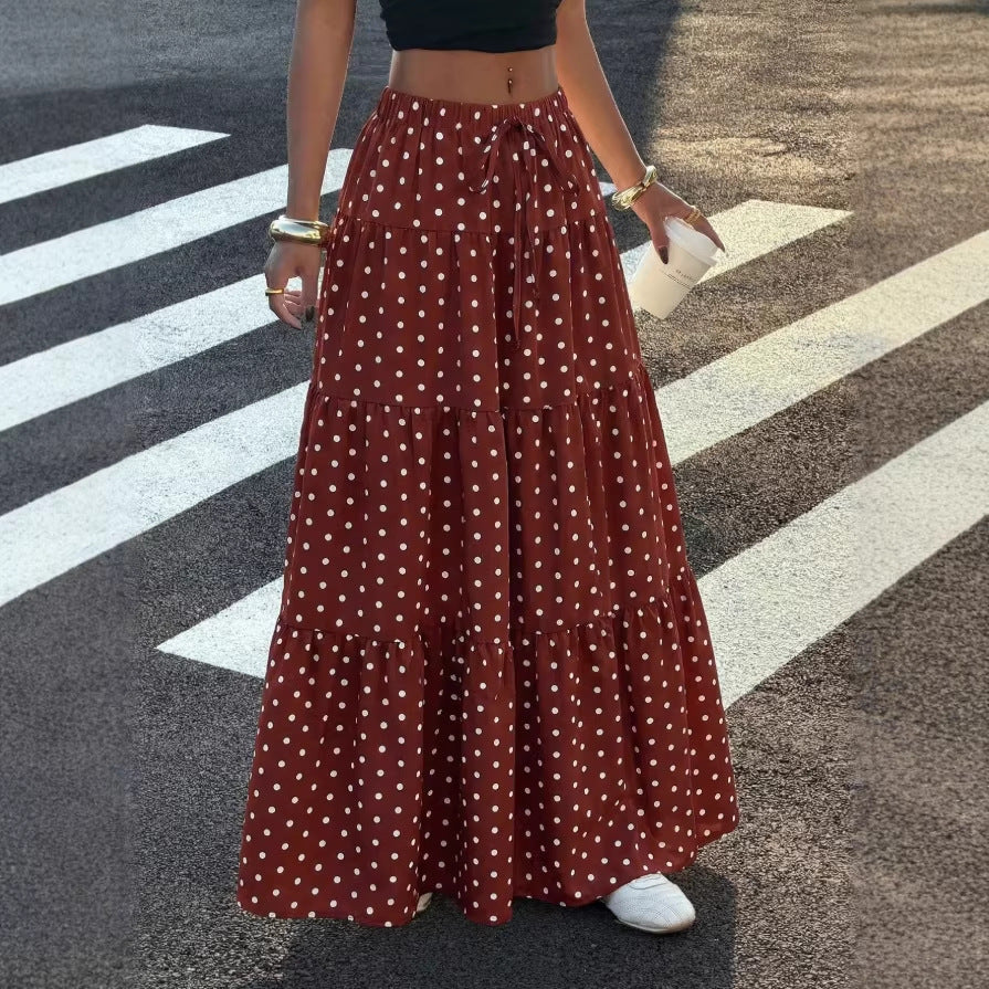 Women Striped Maxi Skirt with Elastic Waistband and Polka Dot Pattern Mune Fashion