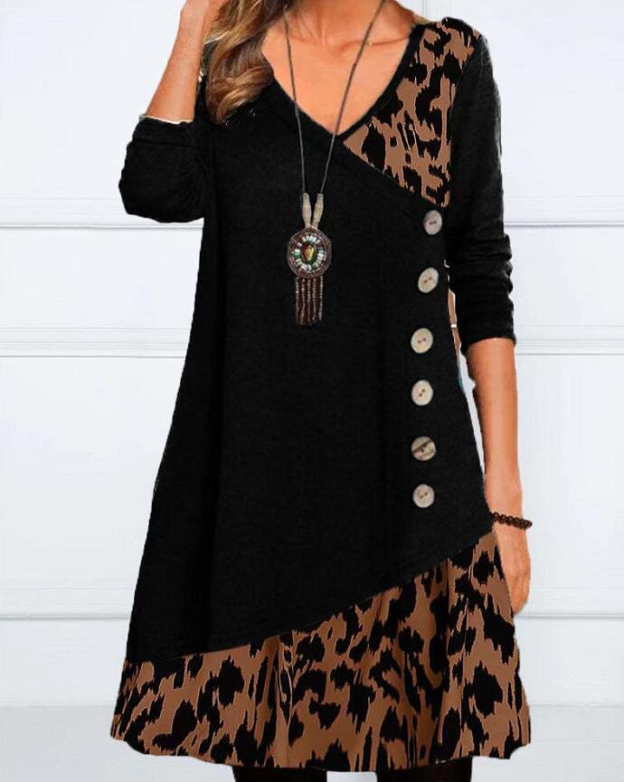 Women's asymmetrical V-neck tunic dress with decorative button placket and animal print trim Mune Fashion
