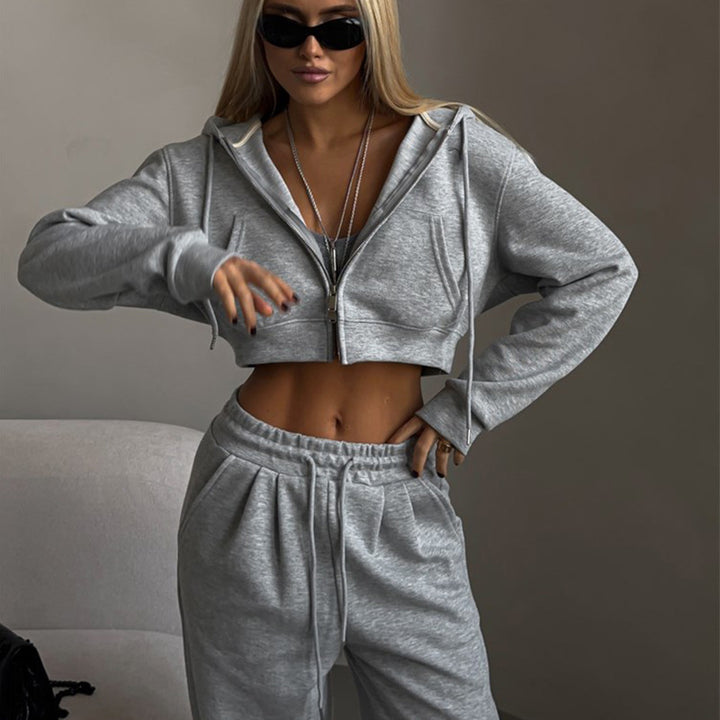 Women's cropped zip-up hooded sweatshirt with high-waisted palazzo jogger set Mune Fashion