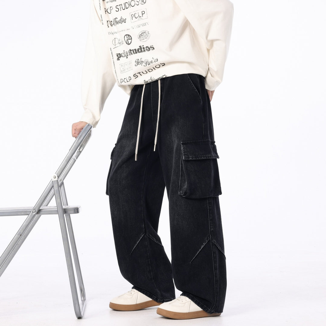 Men's Loose Cargo Denim Pants with Drawstring, Used Wash and Oversized Fit Mune Fashion