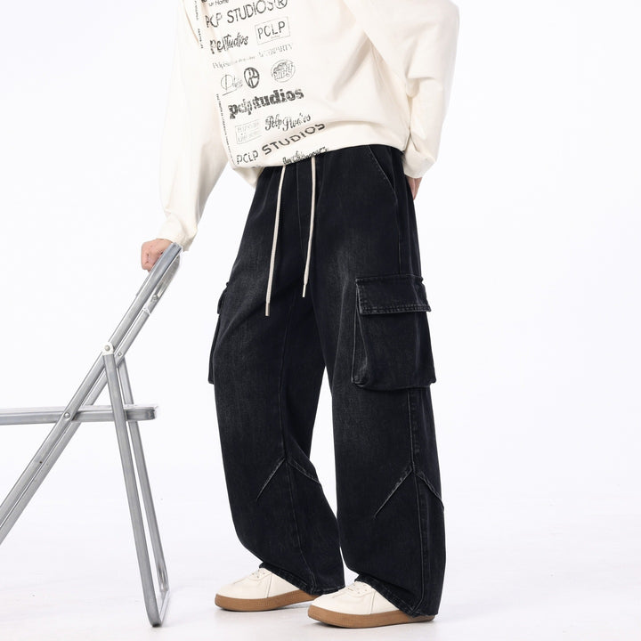 Men's Loose Cargo Denim Pants with Drawstring, Used Wash and Oversized Fit Mune Fashion