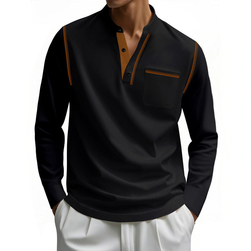 Men's Henley Long Sleeve Shirt with Stand-Up Collar, Chest Pocket and Contrasting Decorative Stitches Mune Fashion