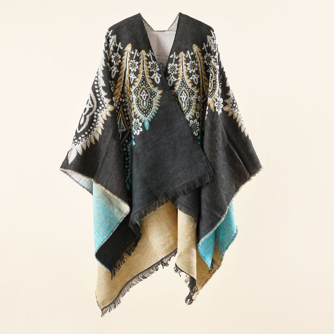 Ladies Reversible Jacquard Wrap Poncho in Oversized Kaftan with Fringe Hem Mune Fashion