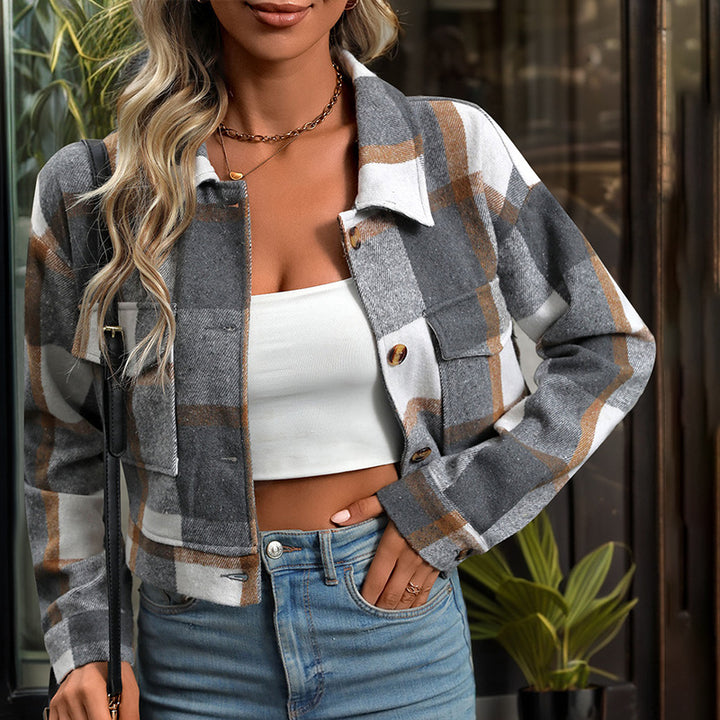 Women Short Cropped Checkered Transition Jacket with Patch Chest Pockets Mune Fashion