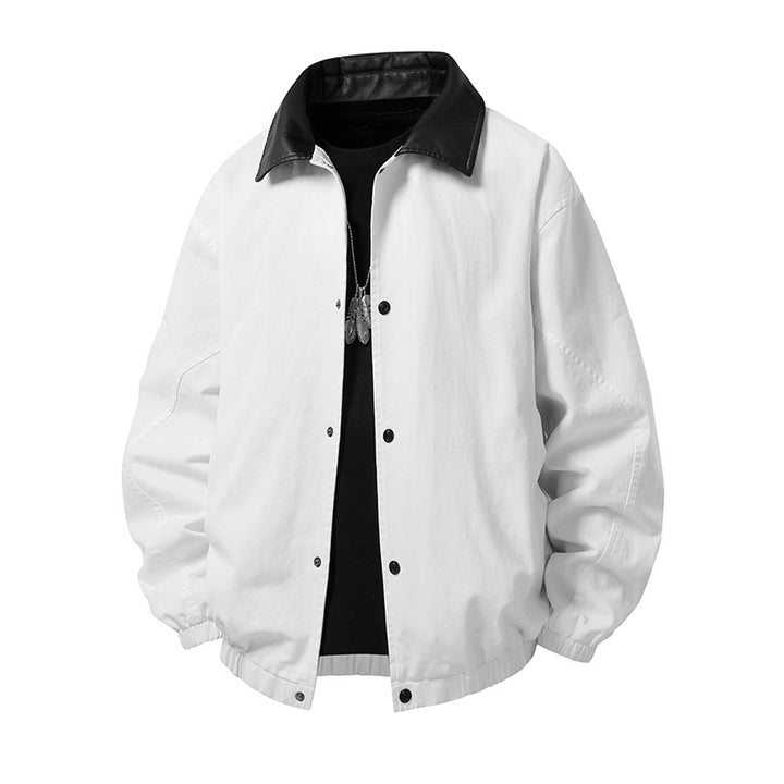 Men's Boxy Coach Jacket in minimalist layering style with contrasting faux leather collar, snap button closure & elastic hem Mune Fashion