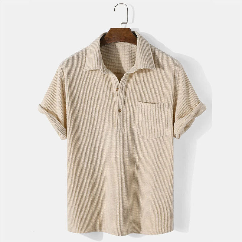 Men's waffle knit polo with shirt collar, short button placket and chest pocket Mune Fashion