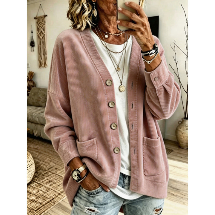 Women's Oversized Cord Cardigan with Patch Pockets and Wooden Buttons Mune Fashion