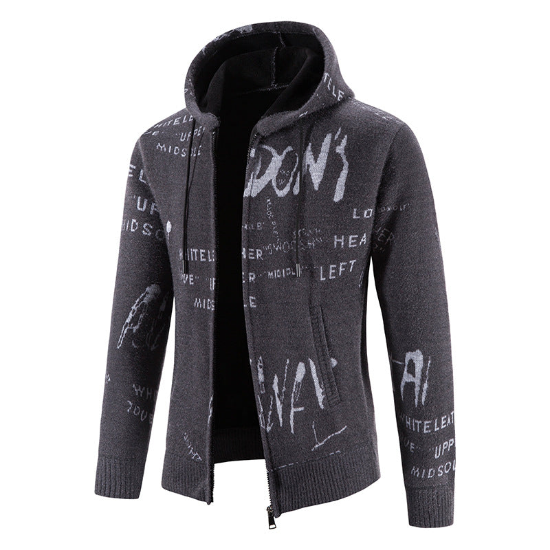 Men's knitted hooded jacket with full-length zipper, graphic all-over print, and side pockets Mune Fashion