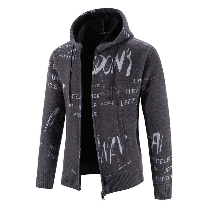 Men's knitted hooded jacket with full-length zipper, graphic all-over print, and side pockets Mune Fashion