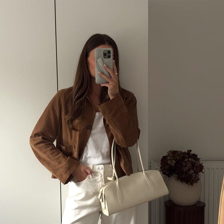 Women Short Cut Suede Jacket with Shirt Collar and Patch Pockets Mune Fashion