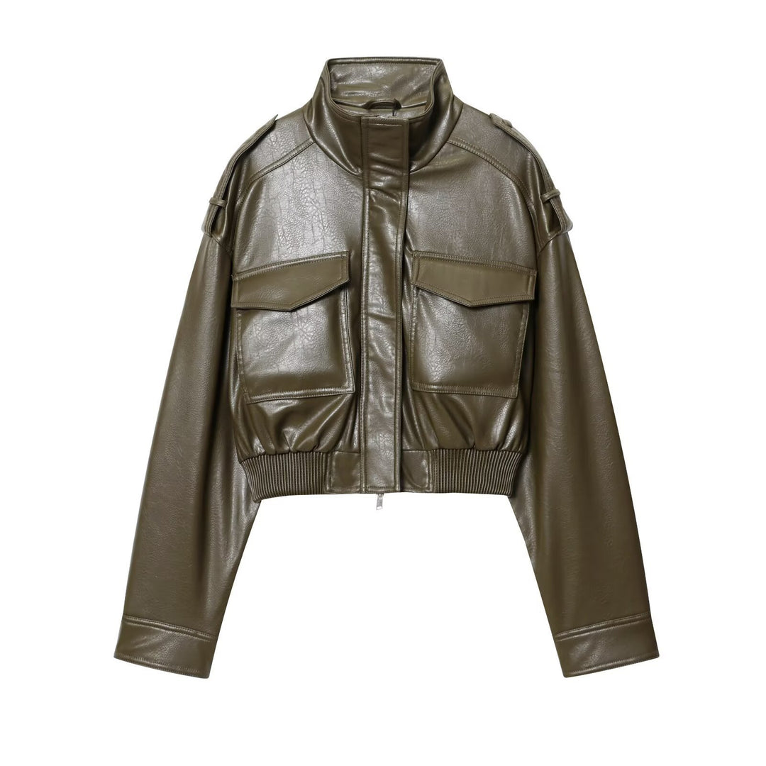Women's short cut blouson jacket made of vegan leather with shoulder flaps and flap pockets Mune Fashion