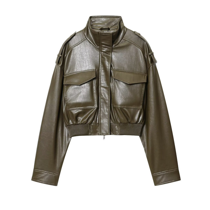 Women's short cut blouson jacket made of vegan leather with shoulder flaps and flap pockets Mune Fashion