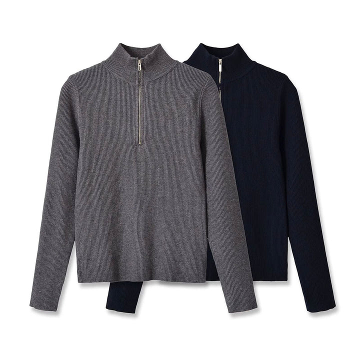 Women's Ribbed Half-Zip Knit Sweater with Stand Collar Mune Fashion