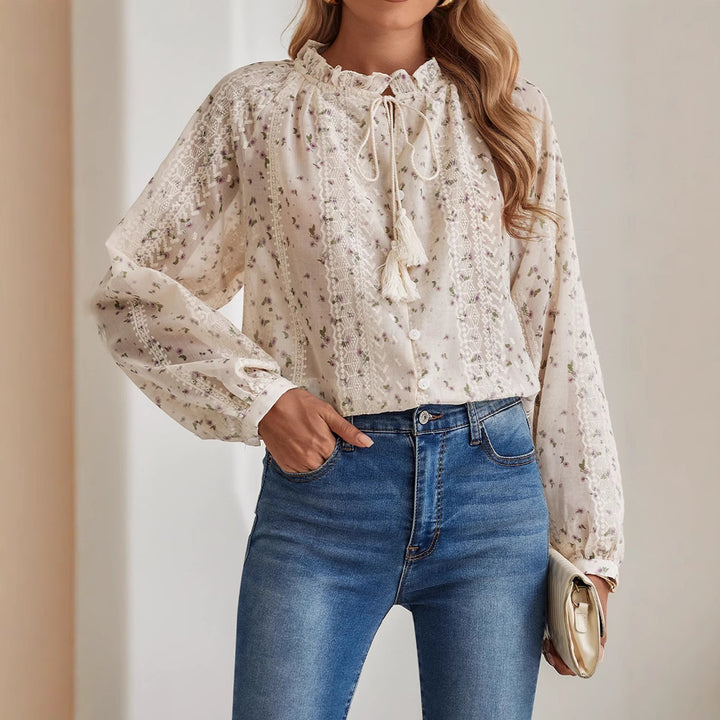 Women's Boho Lace Blouse with Embroidery, V-Neck, Tassels & Balloon Sleeves Mune Fashion