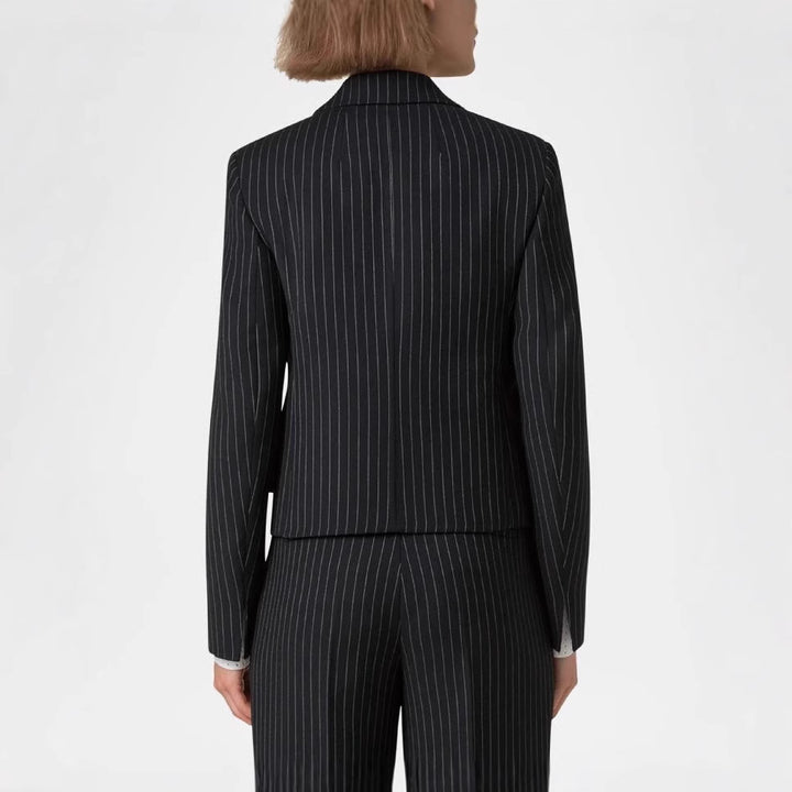 Women's Two-Piece Pinstripe Suit with Tailored Short Blazer and Wide Palazzo Pants Mune Fashion
