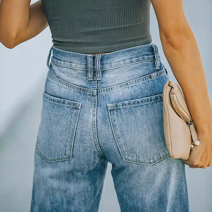 Women's High-Waisted Loose Straight-Leg Jeans with Destroyed Details Mune Fashion