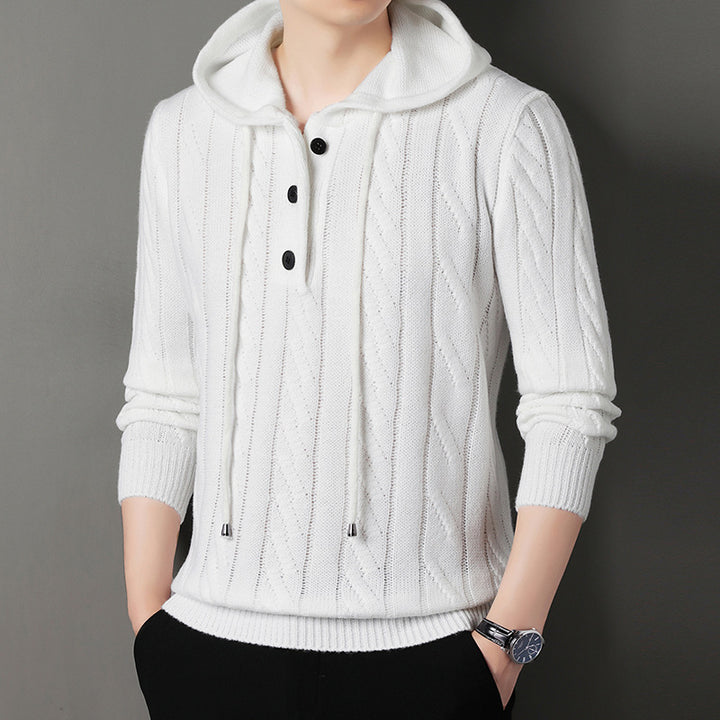 Men's fine knit hoodie with cable pattern, half placket and drawstring Mune Fashion