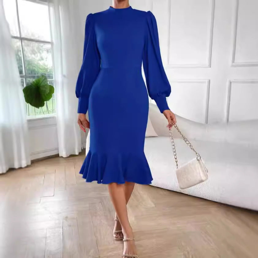 Women's tailored pencil midi dress with stand-up collar, balloon sleeves and bell ruffle Mune Fashion