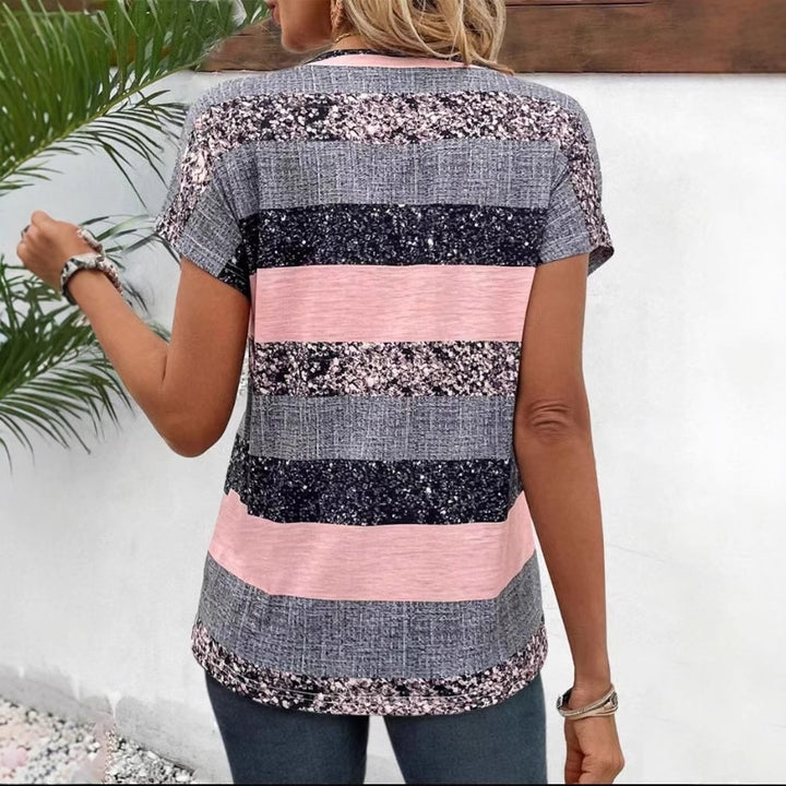 Women's loose short sleeve tunic top with V-neck decorative button placket and rounded hem Mune Fashion
