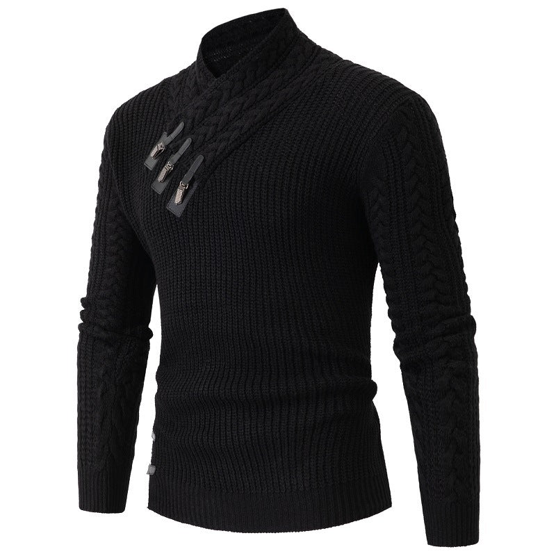 Men's knitted sweater with shawl collar, cable pattern, and distinctive buckle closures Mune Fashion