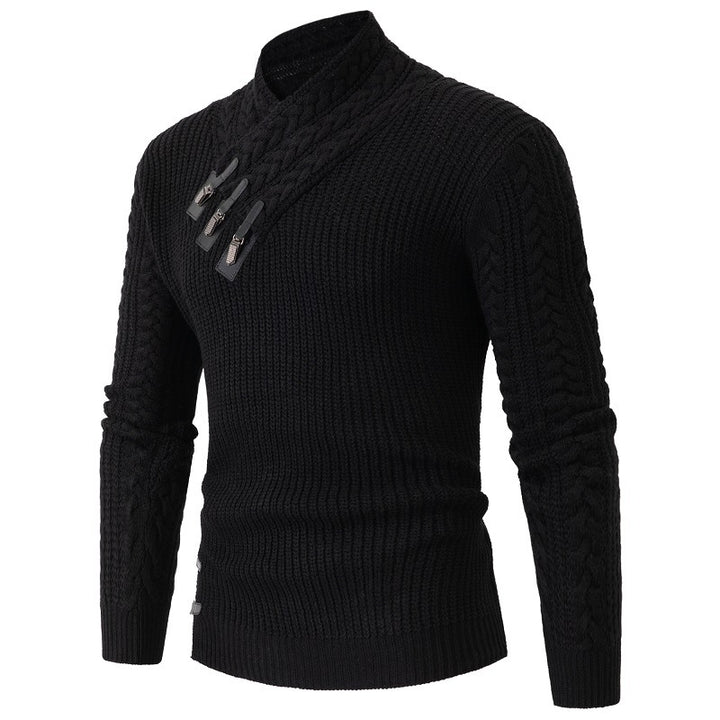 Men's knitted sweater with shawl collar, cable pattern, and distinctive buckle closures Mune Fashion