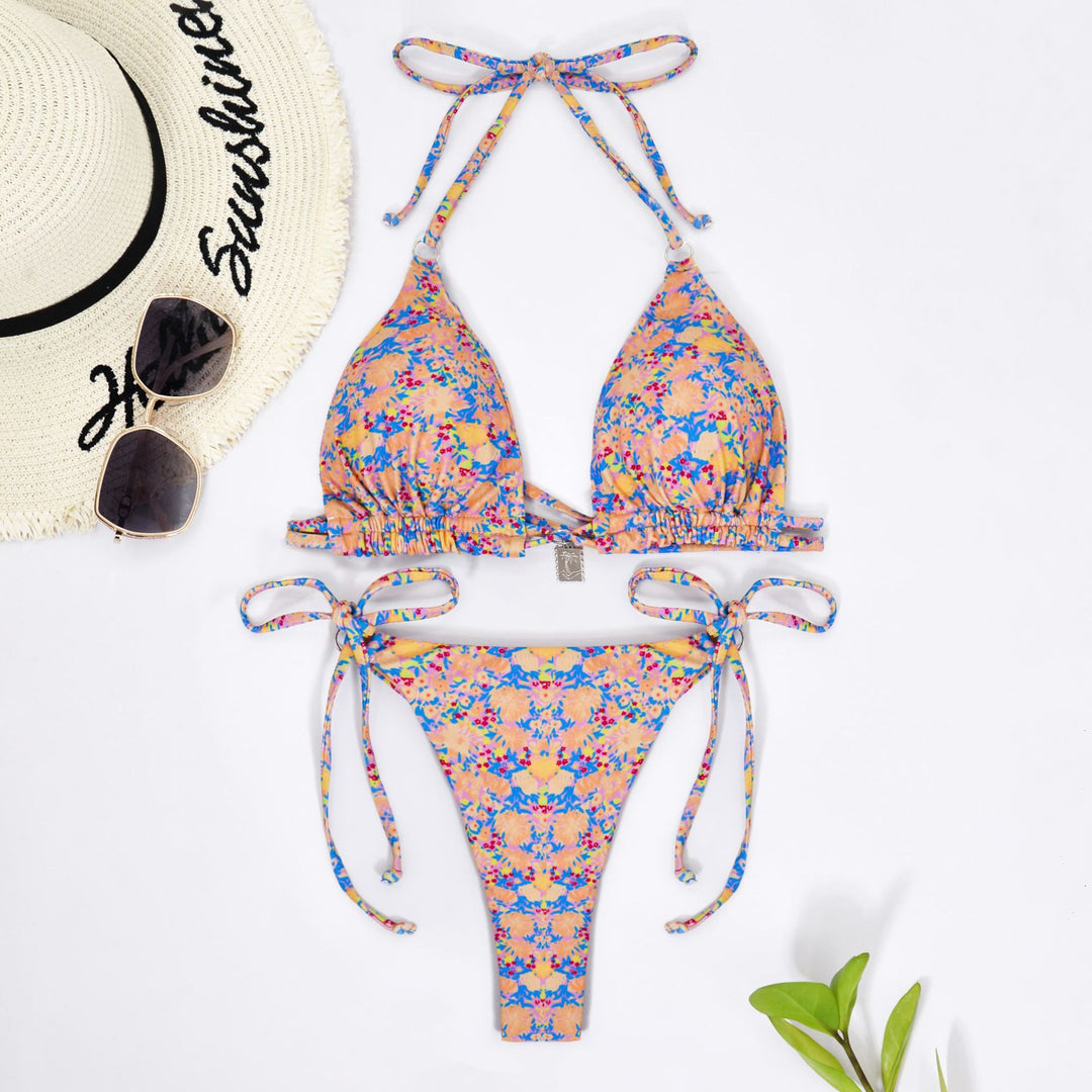 Women Triangle Bikini with playful ties and floral pattern Mune Fashion