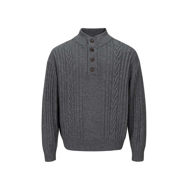 Men's Coarse Structured Knit Sweater with Stand-up Collar and Button Placket Mune Fashion